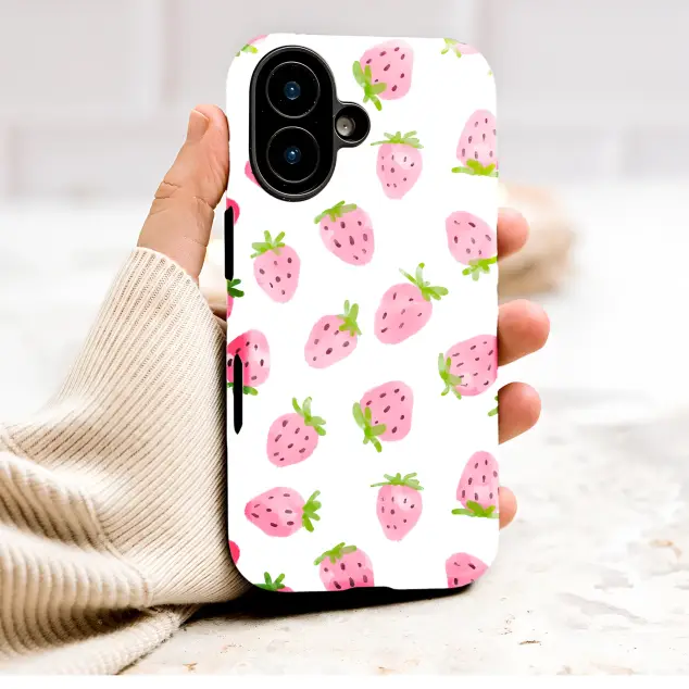 Cute Pink Strawberry Watercolor Fruit Design Phone Case Cover for iPhone 17 Pro Max 16 15 Plus 14 13 Mini Samsung S25 S24 Pixel 10 9 9072