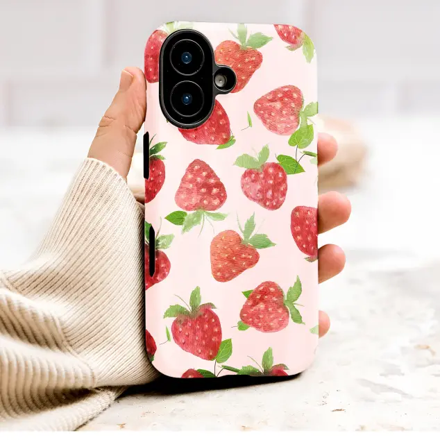 Cute Strawberry Pattern Pink Cottagecore Aesthetic Fruit Art Phone Case Cover for iPhone 17 Pro Max 16 15 13 Samsung S26 S25 Pixel 9885