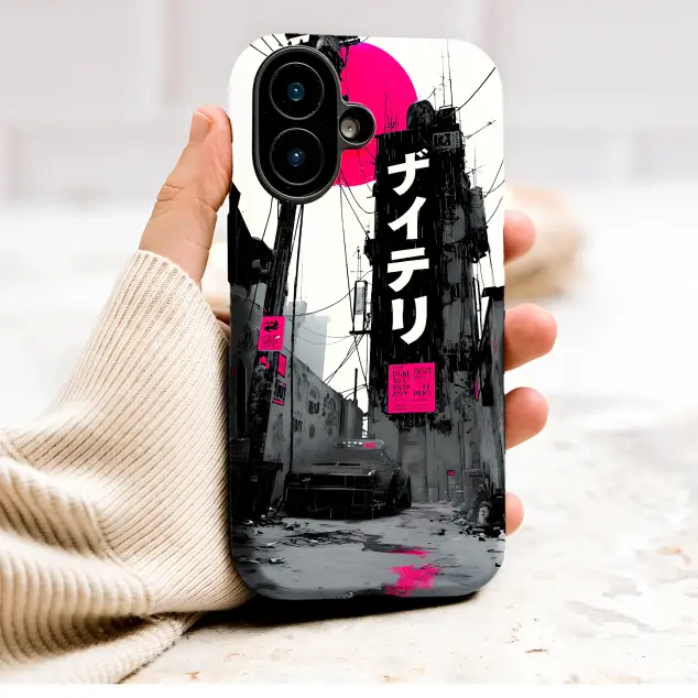 Cyberpunk Japanese Cityscape with Dystopian Pink Sun Phone Case Cover for iPhone 17 Pro Max 16 15 13 Samsung S26 S25 Pixel 9993
