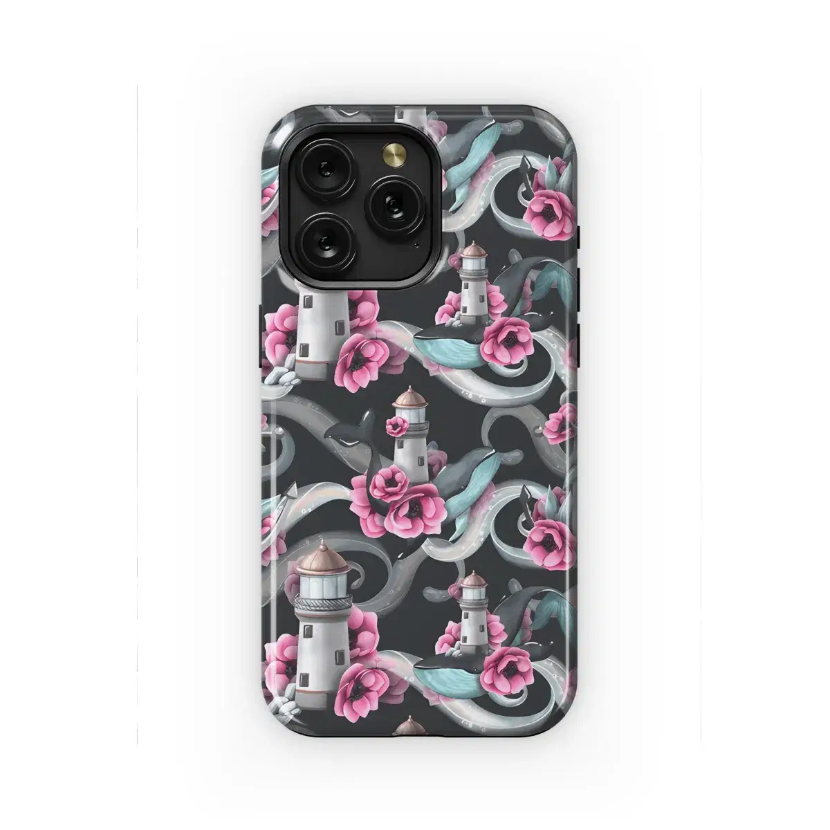 Dark Watercolor Lighthouse Waves Whales Flowers Phone Case iPhone Samsung Cover Pixel 2328 - Image 1