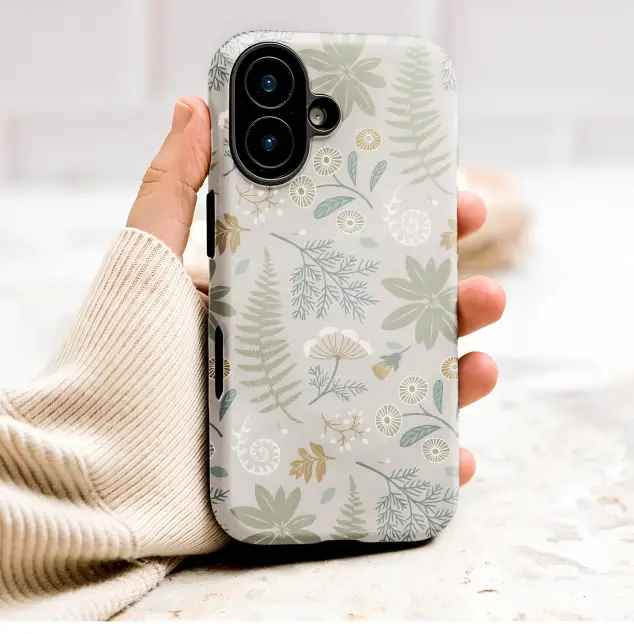 Earthy Botanical Fern and Wildflower Print Phone Case Cover for iPhone 17 Pro Max 16 15 Plus 14 13 Mini Samsung S26 S25 Pixel 10 9 9537
