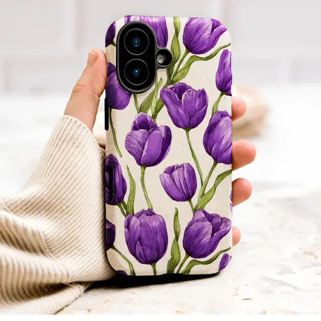 Engraved Purple Tulip Art Vintage Botanical Garden Design Phone Case Cover for iPhone 17 Pro Max 16 15 13 Samsung S26 S25 Pixel 10077
