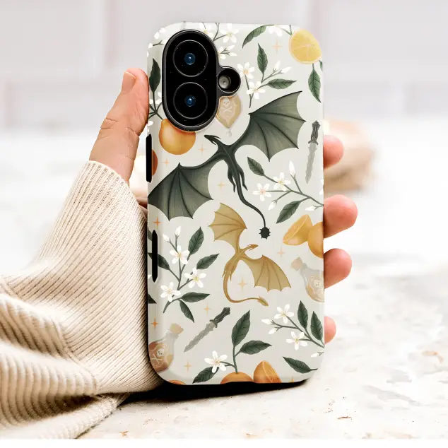 Fantasy Dragon and Orange Blossom Botanical Design Phone Case Cover for iPhone 17 Pro Max 16 15 13 Samsung S26 S25 Pixel 9503
