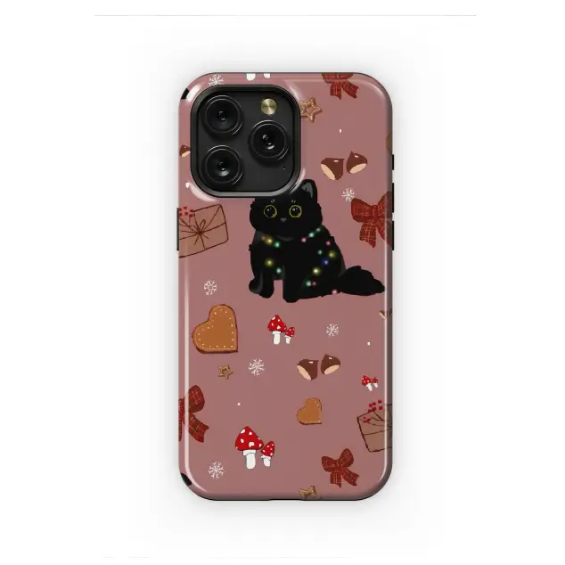 Festive Black Cat Holiday Gingerbread Design Phone Case Cover for iPhone 17 Pro Max 16 15 Plus 14 13 Mini Samsung S25 S24 Pixel 10 9 8887