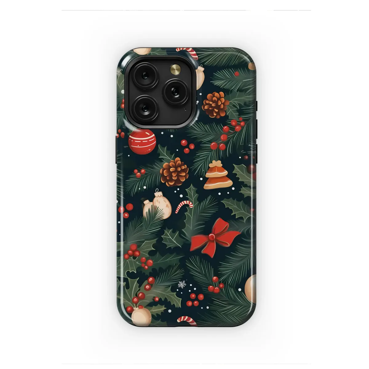 Festive Christmas Pine Branch and Holly Berry Design Phone Case Cover for iPhone 17 Pro Max 16 15 13 Samsung S25 S24 Pixel 8319 - Image 1