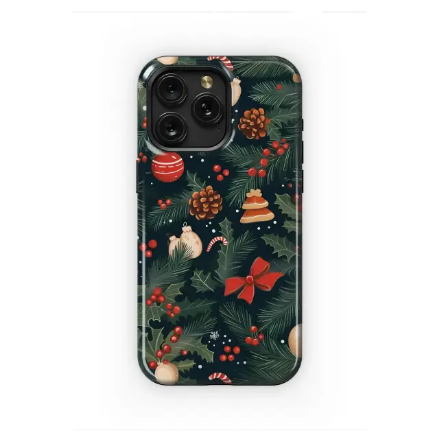 Festive Christmas Pine Branch and Holly Berry Design Phone Case Cover for iPhone 17 Pro Max 16 15 13 Samsung S25 S24 Pixel 8319