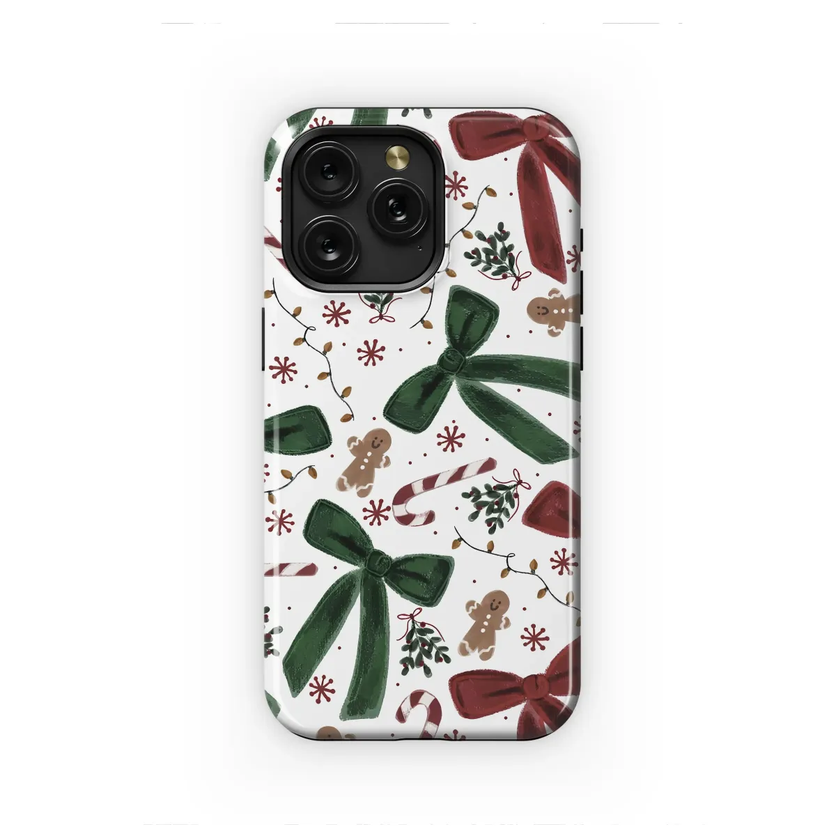 Festive Holiday Gingerbread and Bows Pattern Phone Case Cover for iPhone 17 Pro Max 16 15 Plus 14 13 Mini Samsung S25 S24 Pixel 10 9 8673 - Image 1
