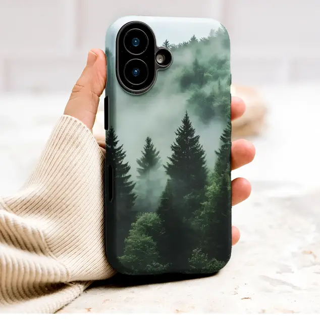 Foggy Pine Forest Moody Woodland Nature Graphic Phone Case Cover for iPhone 17 Pro Max 16 15 Plus 14 13 Mini Samsung S25 S24 Pixel 10 9 9018