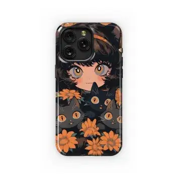 Girl and Black Cats Flowers Phone Case iPhone Samsung Cover Pixel 3638 - Image 1