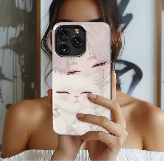 Girl & Fluffy Cat Dream Phone Case iPhone Samsung Cover Pixel 4007 - Image 1