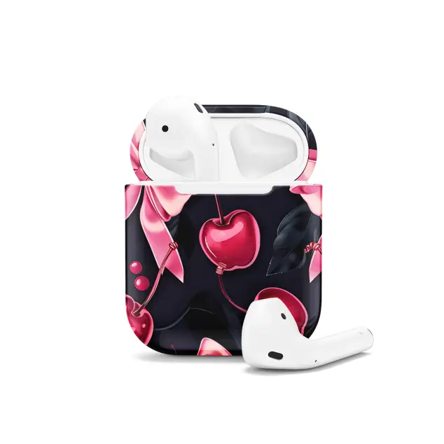 Girly Black Coquette Cherry Pink Bow Ribbons AirPods Case AirPods Pro AirPods Pro 2 AirPods 3 AirPods 2 Glossy 1164