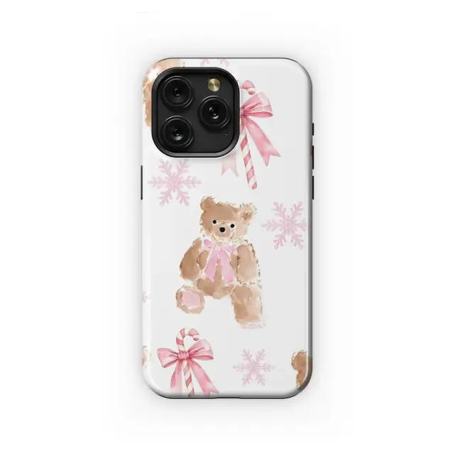 Girly Watercolor Teddy Bear and Candy Cane Art Phone Case Cover for iPhone 17 Pro Max 16 15 Plus 14 13 Mini Samsung S25 S24 Pixel 10 9 8836