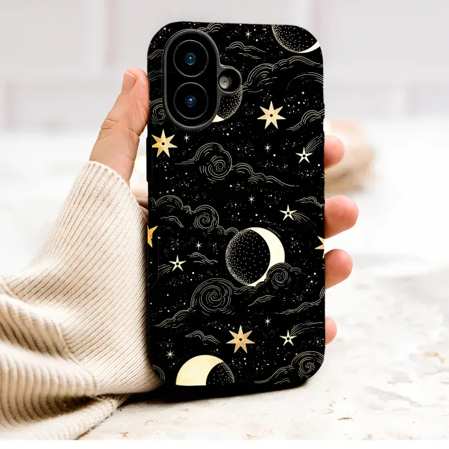 Gold Celestial Moon Stars Night Sky Art Phone Case Cover for iPhone 17 Pro Max 16 15 Plus 14 13 Mini Samsung S26 S25 Google Pixel 10 9 9982