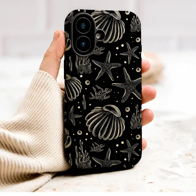 Golden Seashell and Starfish Oceanic Line Art Phone Case Cover for iPhone 17 Pro Max 16 15 Plus 14 13 Mini Samsung S26 S25 Pixel 10 9 9635