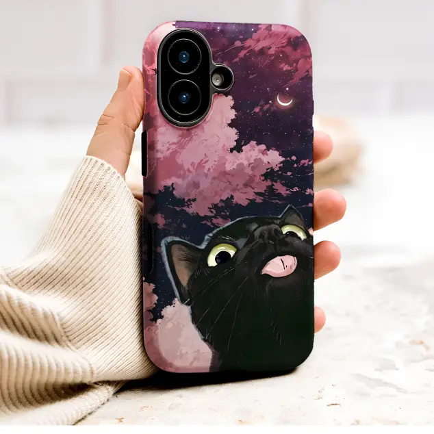 Goofy Black Cat Under Pink Starry Sky Phone Case Cover for iPhone 17 Pro Max 16 15 Plus 14 13 Mini SE Samsung S26 S25 Google Pixel 10 9 9702