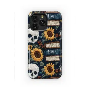 Gothic Book Lover Skull Sun Flower Embroidery Phone Case iPhone Samsung Cover Pixel 1937 - Image 1
