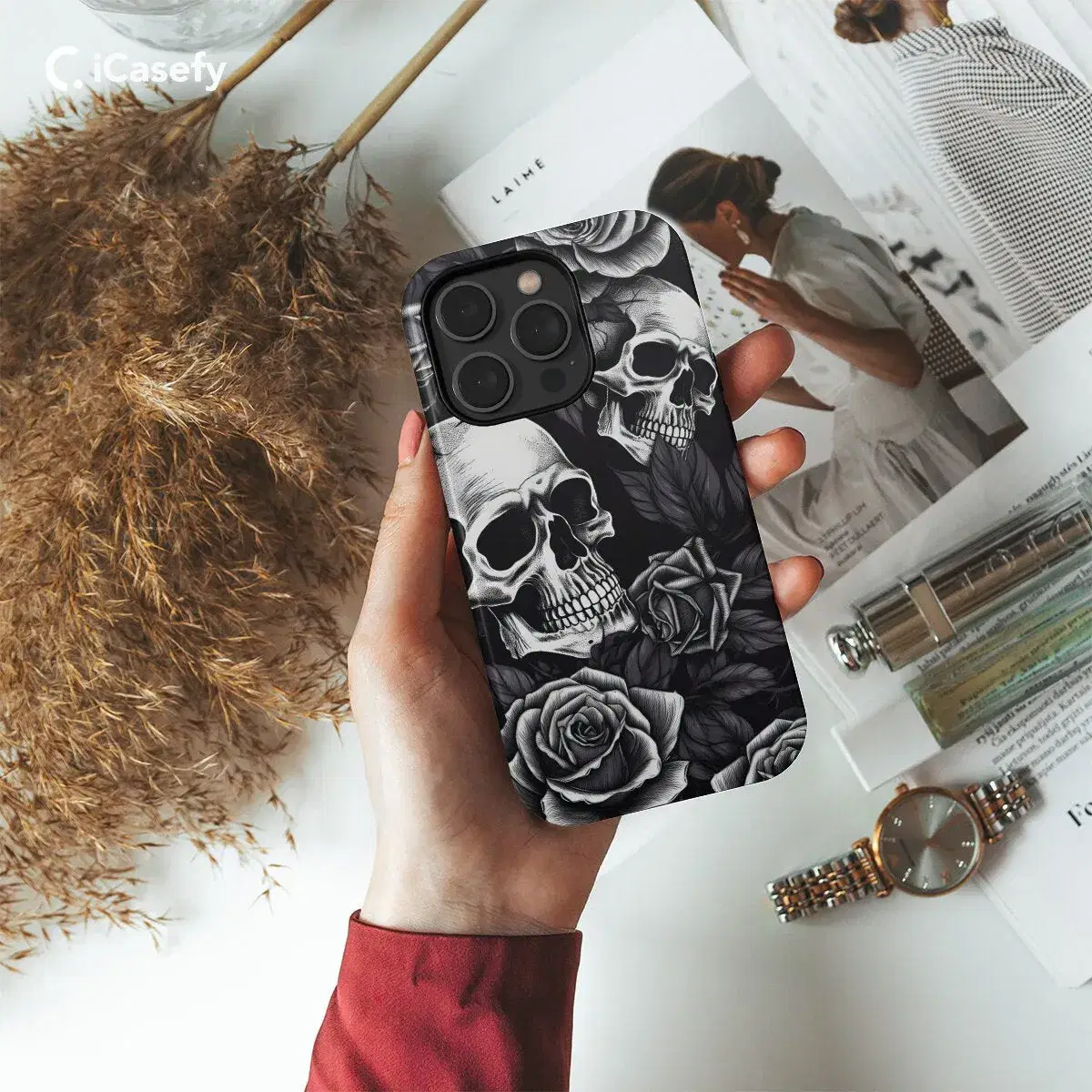 Gothic Skull Phone Case Rose Cover - Image 1