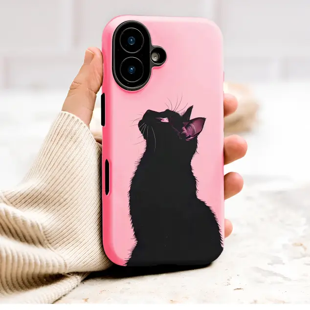 Graphic Black Cat Illustration with Pink Background Art Phone Case Cover for iPhone 17 Pro Max 16 15 13 Samsung S26 S25 Pixel 9550