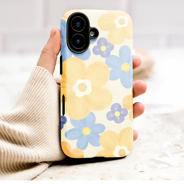 Groovy Retro Floral Yellow and Blue Pattern Phone Case Cover for iPhone 17 Pro Max 16 15 Plus 14 13 Mini Samsung S26 S25 Pixel 10 9 9951