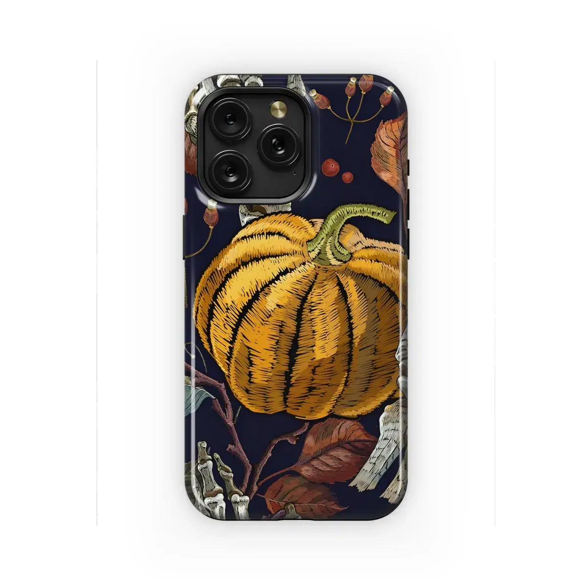 Halloween Autumn Pumpkin Leaves Skeleton Hands Embroidery Phone Case iPhone Samsung Cover Pixel 2299 - Image 1
