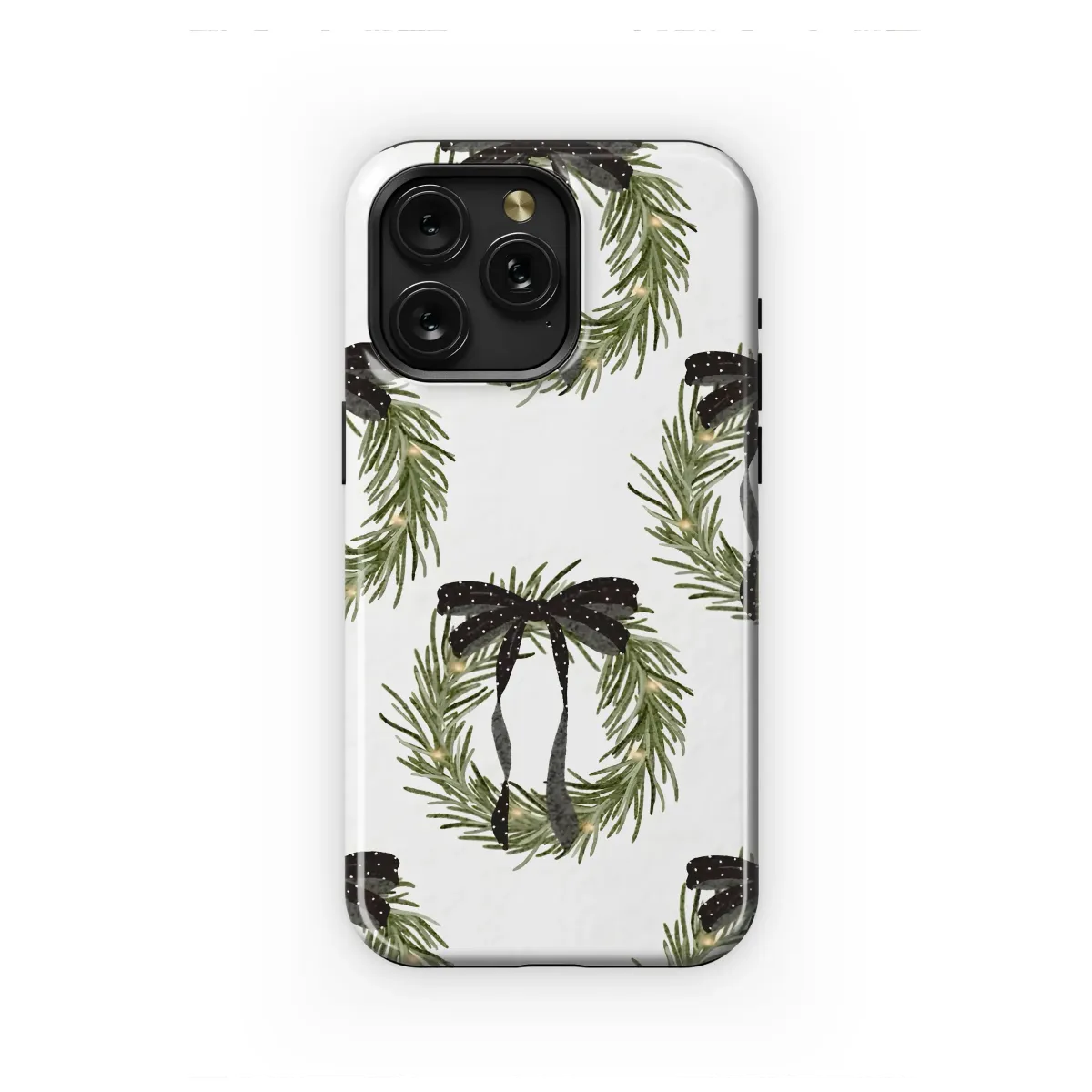 Holiday Pine Wreath with Black Polka Dot Bow Phone Case Cover for iPhone 17 Pro Max 16 15 Plus 14 13 Mini Samsung S25 S24 Pixel 10 9 8609 - Image 1