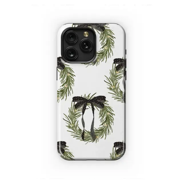 Holiday Pine Wreath with Black Polka Dot Bow Phone Case Cover for iPhone 17 Pro Max 16 15 Plus 14 13 Mini Samsung S25 S24 Pixel 10 9 8609
