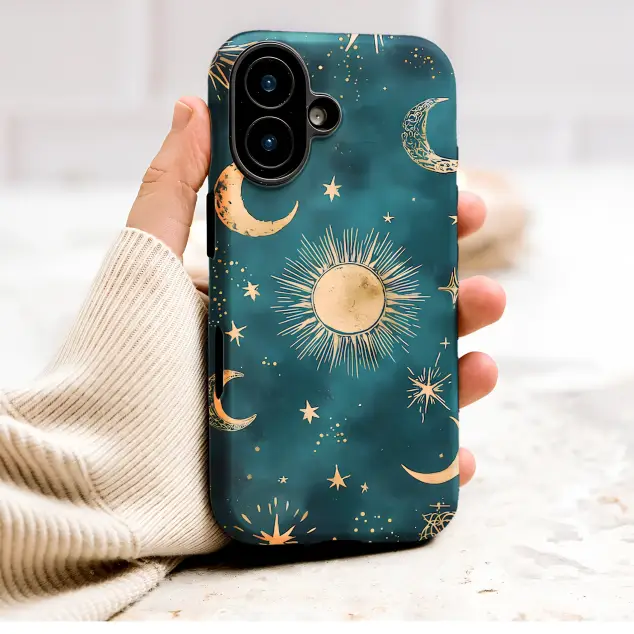 iPhone 14 Pro Max Celestial Sun Moon Star Teal Gold Pattern Mini S S Phone Case