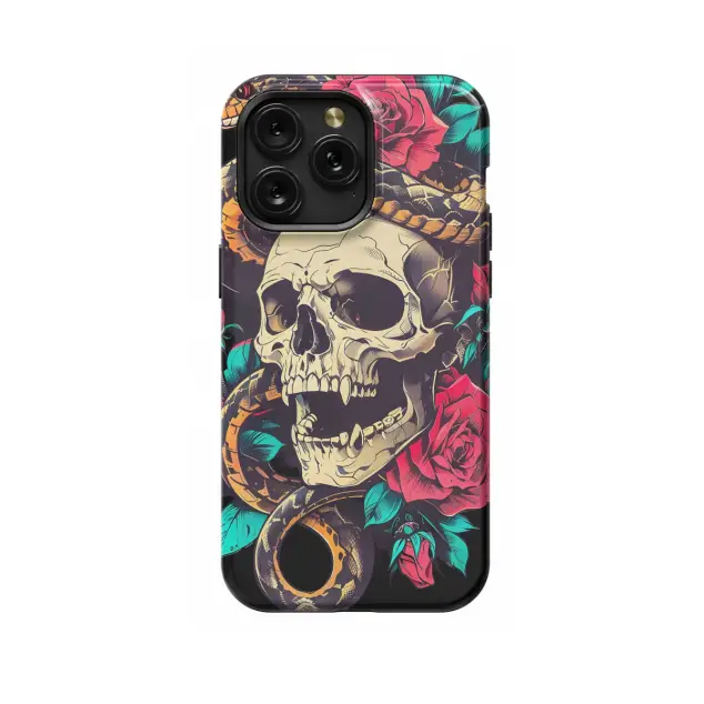 iPhone 16 Plus Snake Flower Skeleton Head Gothic Red Rose Phone Case