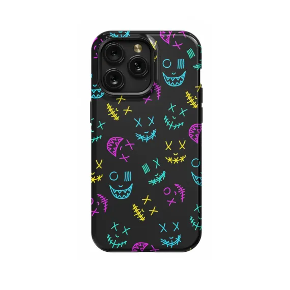 Black Neon Faces iPhone 16 Pro Max Phone Case - Image 1