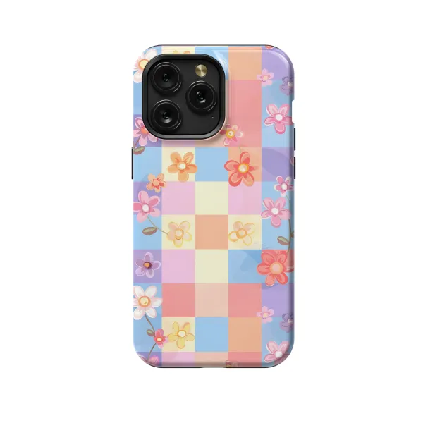 Floral Pastel Checkered iPhone 16 Pro Max Phone Case - Image 1