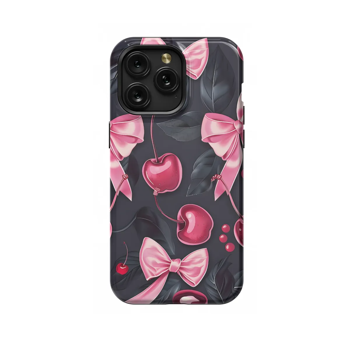 Girly Black Coquette Cherry Pink Bow Ribbons iPhone 16 Pro Max Phone Case - Image 1