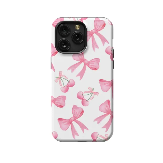 Pink Cherry Coquette Bow iPhone 16 Pro Max Phone Case - Image 1