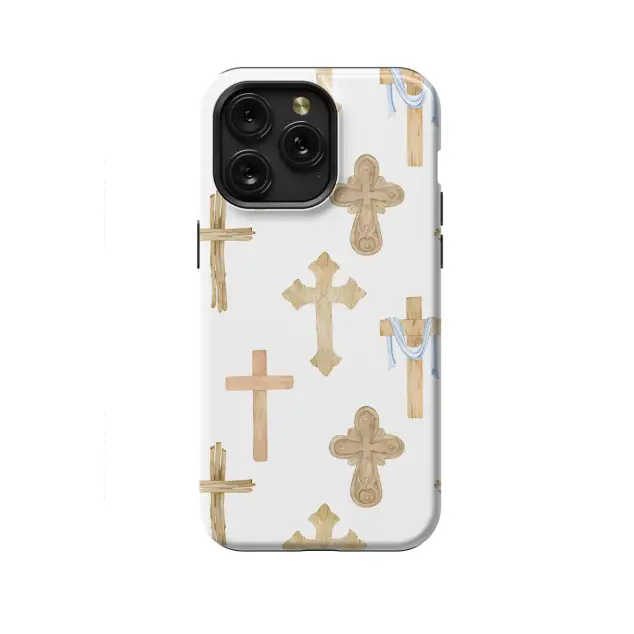 iPhone 16 Pro Max Watercolor Seamless of Wooden Christian Crosses Phone Case