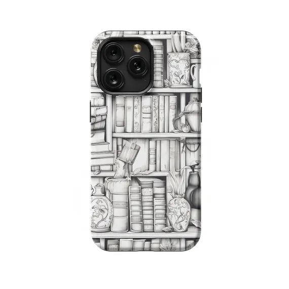 Book Shelf Lover Grayscale iPhone 16 Pro Phone Case - Image 1