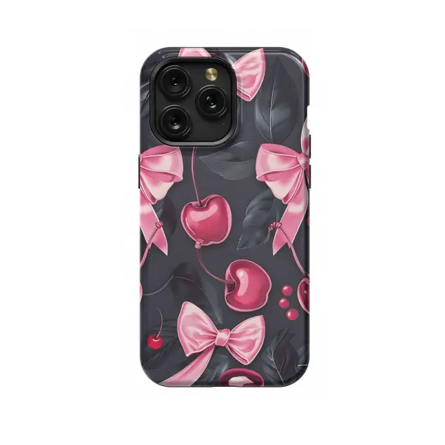 iPhone 16 Pro Girly Black Coquette Cherry Pink Bow Ribbons Phone Case