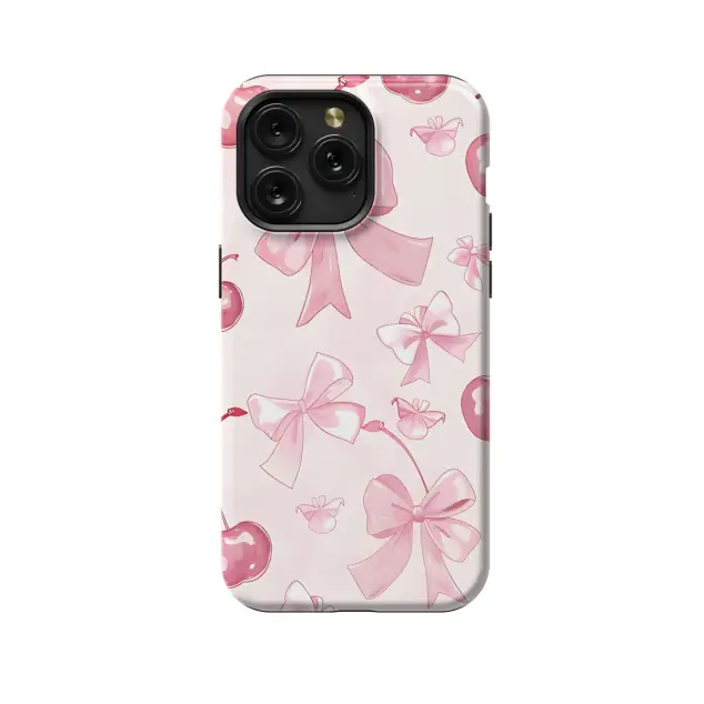 iPhone 16 Pro Pink Girly Coquette Cherry Bow Tie Ribbons Phone Case