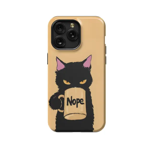 iPhone 16e Angry Black Cat with Mug - Nope Phone Case