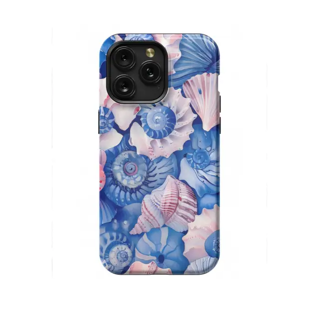 iPhone 16e Blue Pink Seashell Art Phone Case
