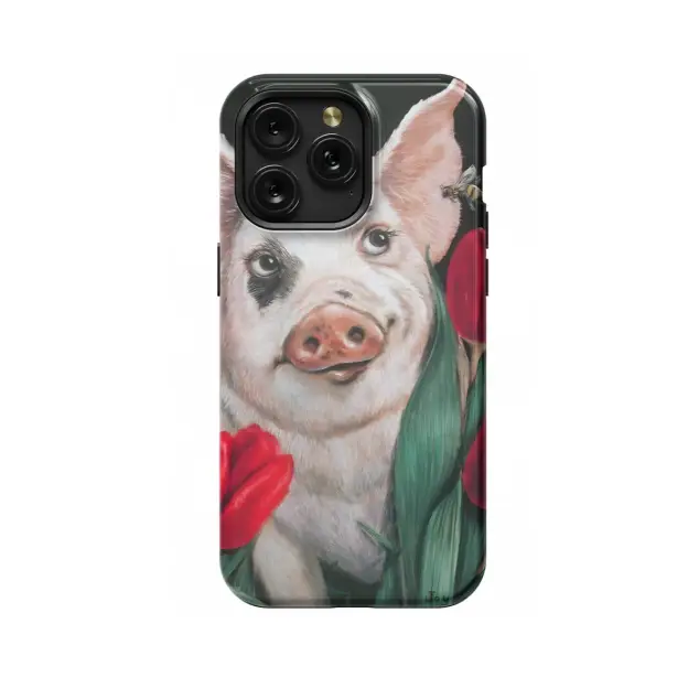 iPhone 16e Pig and Tulips Phone Case