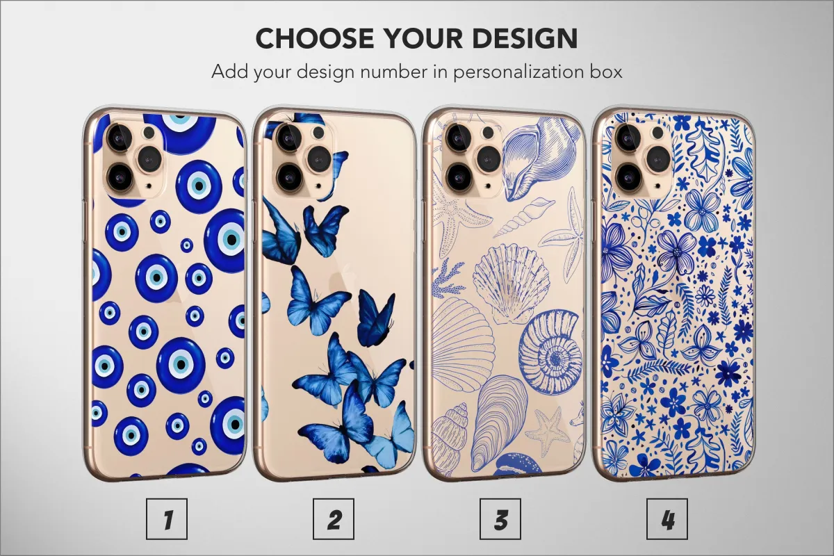 Clear Blue Butterfly Floral Seashell iPhone SE 2022 Phone Case - Image 1