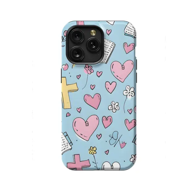 iPhone Xs Max Heart Cross and Flower Seamless Blue Phone Case