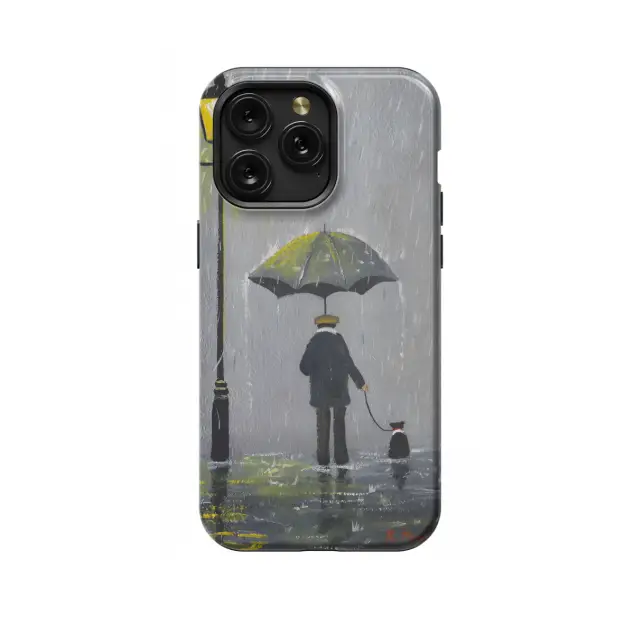 iPhone Xs Rainy Men with Umbrella and Dog in Leash Phone Case