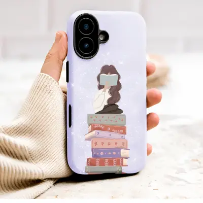 Illustrated Reading Girl on Book Stack Lavender Design Phone Case Cover for iPhone 17 Pro Max 16 15 13 Samsung S26 S25 Pixel 10089 - Image 1