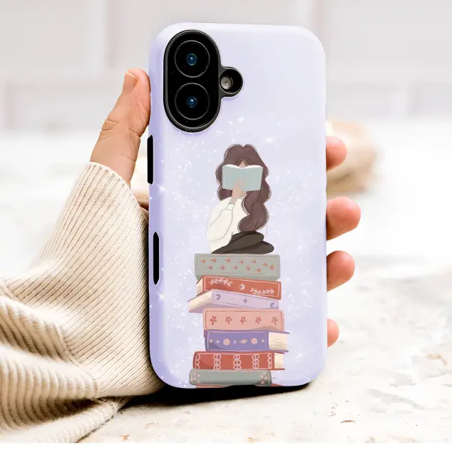 Illustrated Reading Girl on Book Stack Lavender Design Phone Case Cover for iPhone 17 Pro Max 16 15 13 Samsung S26 S25 Pixel 10089