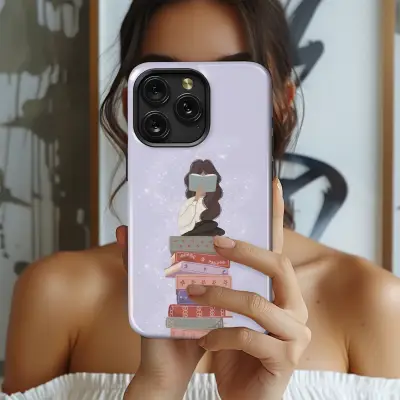 Illustrated Reading Girl on Book Stack Lavender Design Phone Case Cover for iPhone 17 Pro Max 16 15 13 Samsung S26 S25 Pixel 10089 - Image 2