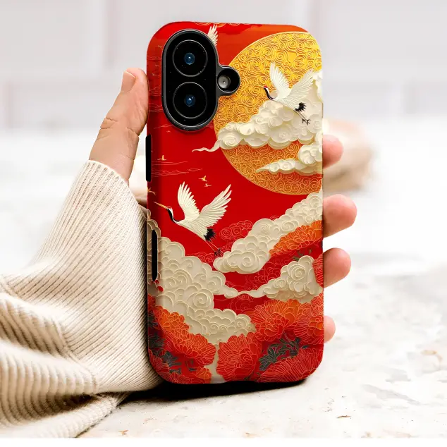 Japanese Cranes and Red Sun Traditional Asian Art Phone Case Cover for iPhone 17 Pro Max 16 15 13 Samsung S26 S25 Pixel 9726