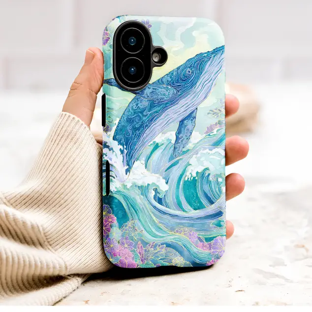 Japanese Floral Whale Art with Gilded Ocean Waves Phone Case Cover for iPhone 17 Pro Max 16 15 13 Samsung S26 S25 Pixel 9538