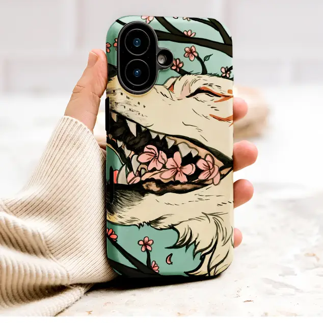 Japanese Wolf Cherry Blossom Art Illustration Phone Case Cover for iPhone 17 Pro Max 16 15 Plus 14 13 Mini Samsung S26 S25 Pixel 10 9 9548