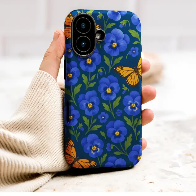 Monarch Butterfly and Blue Pansy Floral Garden Print Phone Case Cover for iPhone 17 Pro Max 16 15 13 Samsung S26 S25 Pixel 10013