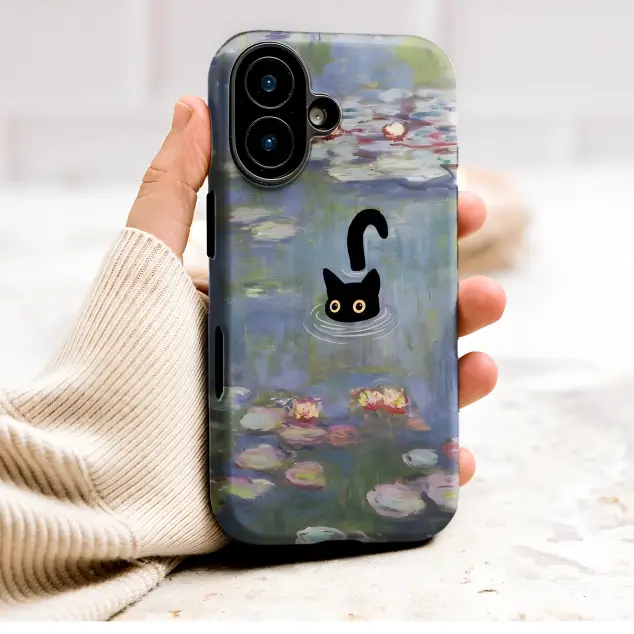 Monet Style Black Cat Water Lilies Painting Art Phone Case Cover for iPhone 17 Pro Max 16 15 Plus 14 13 Mini Samsung S26 S25 Pixel 10 9 9614